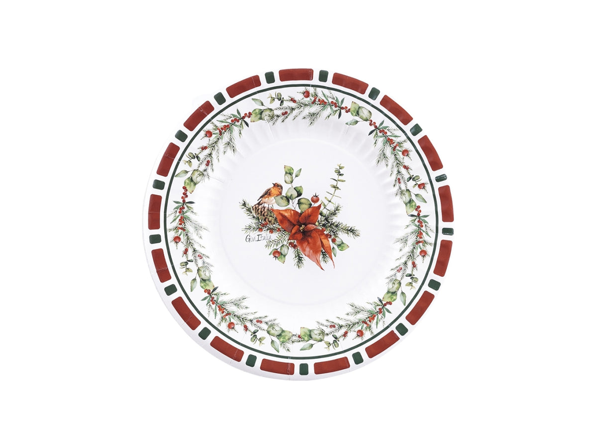 Piatti di carta natalizi compostabili bianco e rosso 21 cm, confezione da 8 piatti - Givi Italia