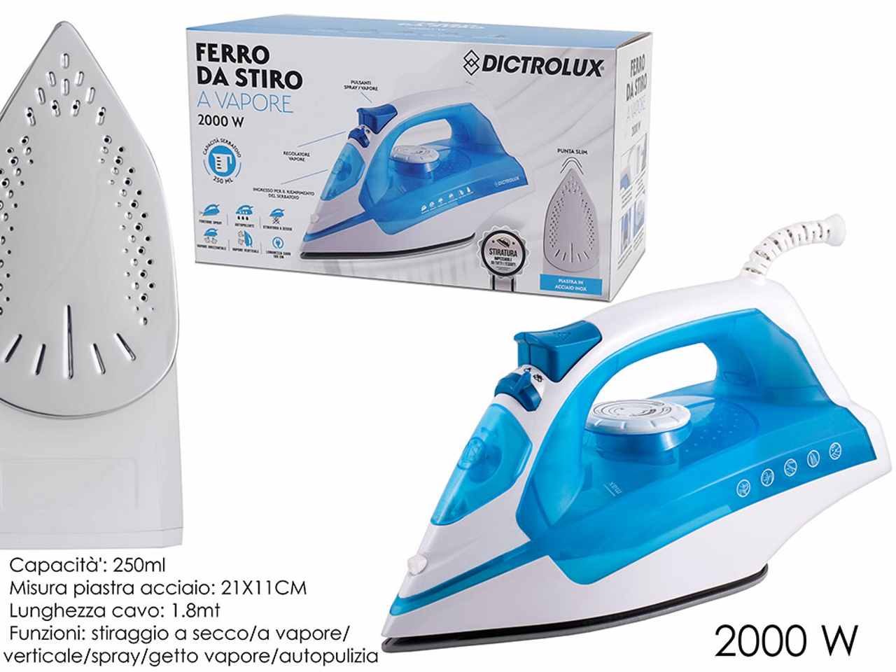 Ferro da stiro in acciaio 2000w azzurro