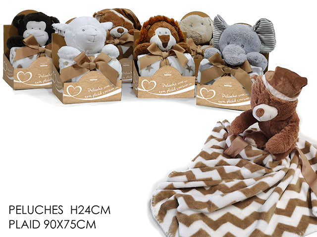Plaid misura 75x90cm con peluche animale in 6 modelli assortiti