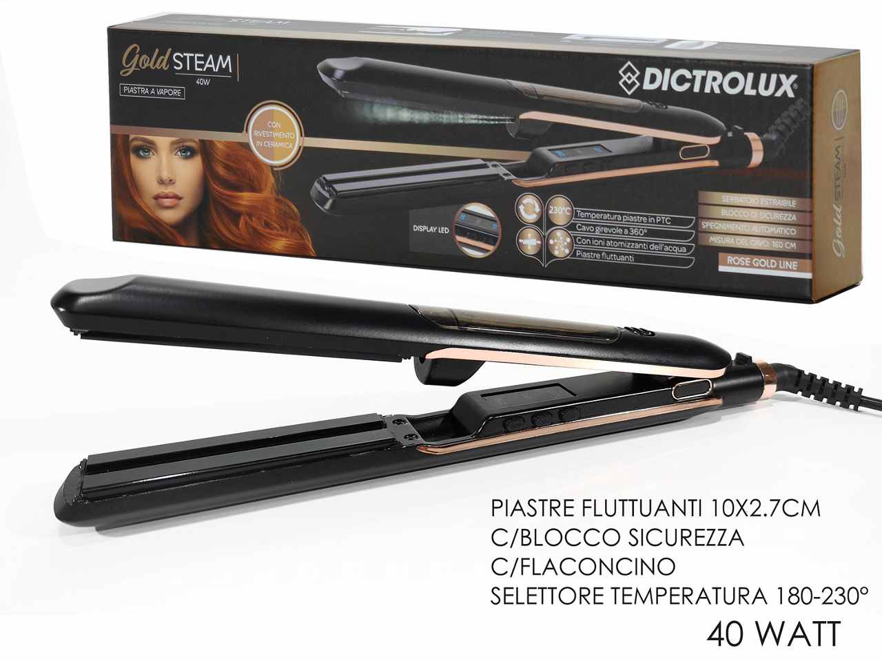 Piastra per capelli a vapore 40w ceram. gold steam