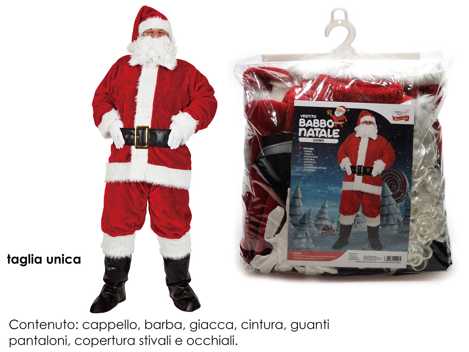 Vestito babbo natale uomo tg.unica la confezione comprende cappello, barba, giacca, cintura, guanti, pantaloni, copertura stivali e occhiali