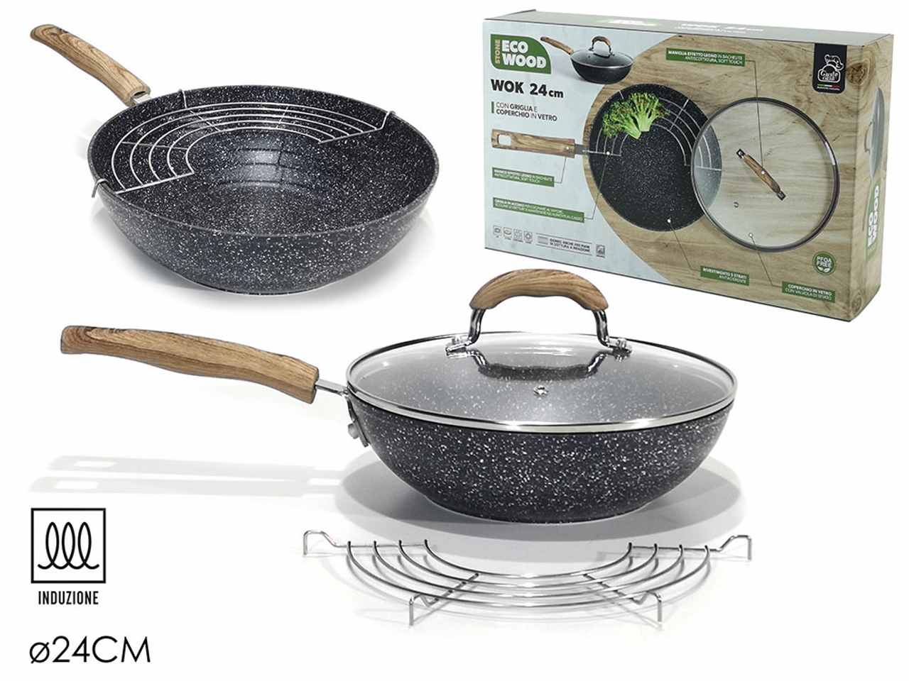 Wok stone eco wood d.24cm con grilia per induzione