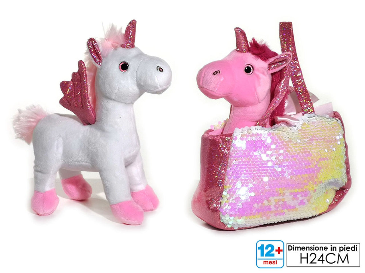 Morbidosi peluche unicorno in borsetta 24cm disponibile in 2 assortimenti