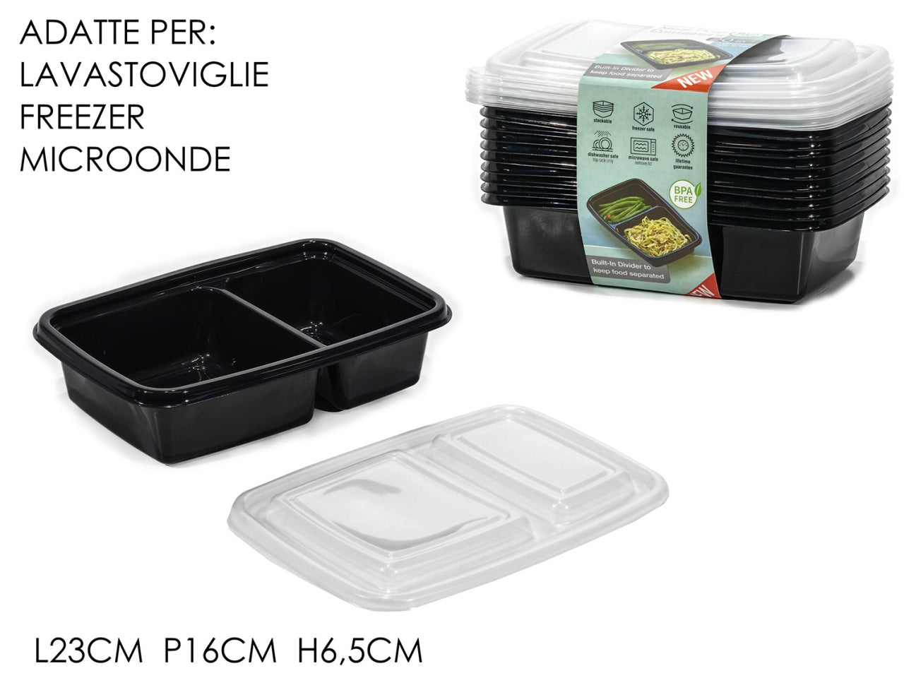 Contenitori per alimenti con coperchio in polipropilene nero e trasparente, riscaldabili 23x16x6,5 cm, 1 lt - Gusto Casa