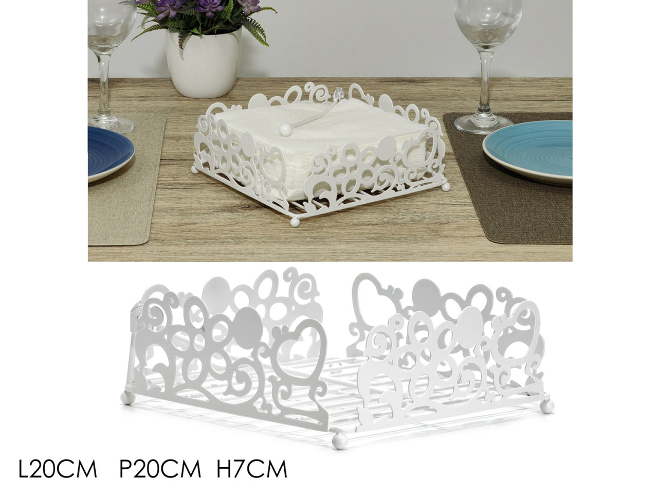 Portatovaglioli shabby chic in metallo bianco con cuori e rose stilizzate 20x20x7 cm - Gusto Casa