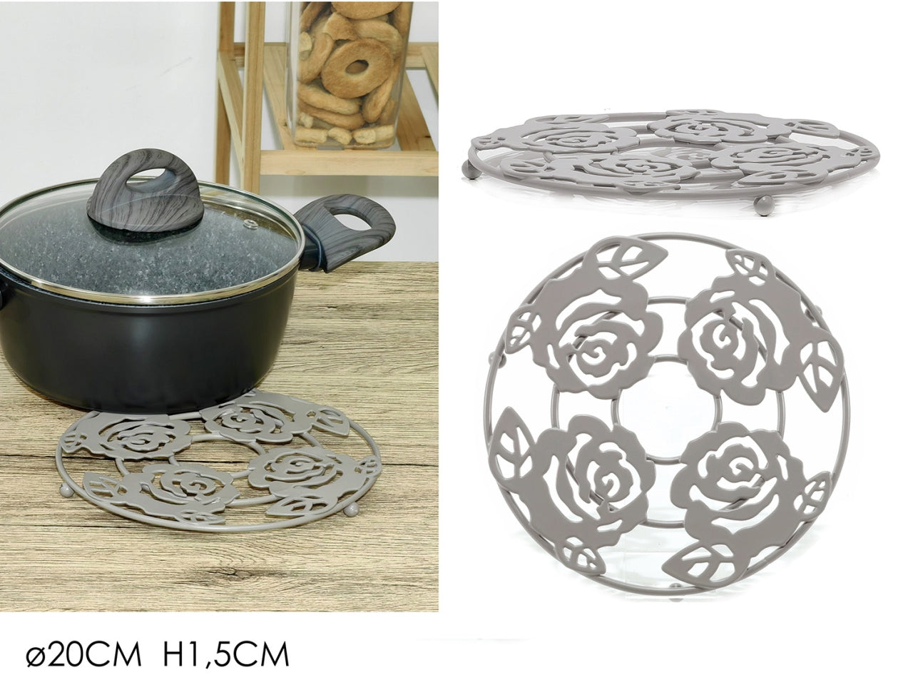 Sottopentola in metallo con rose stilizzate tortora moderno 20x1,5 cm - Gusto Casa