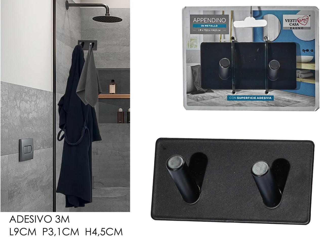 Appendino Da parete per bagno con Doppio Gancio in Metallo Nero, Stile Industriale - Adesivo 3M, 3x4,5x9 cm