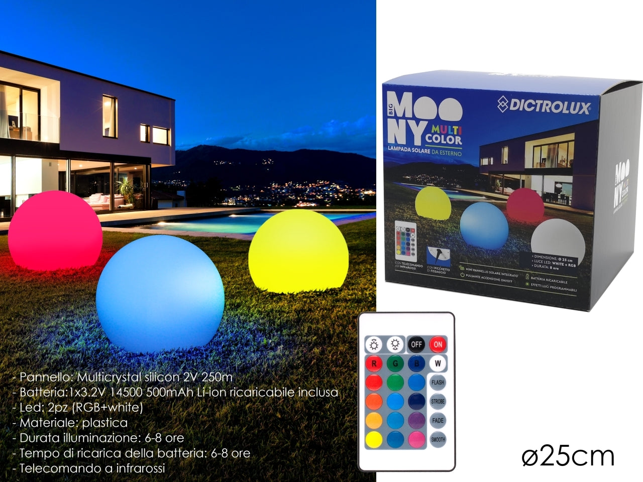 Lampada sfera solare d.25cm con telecomando