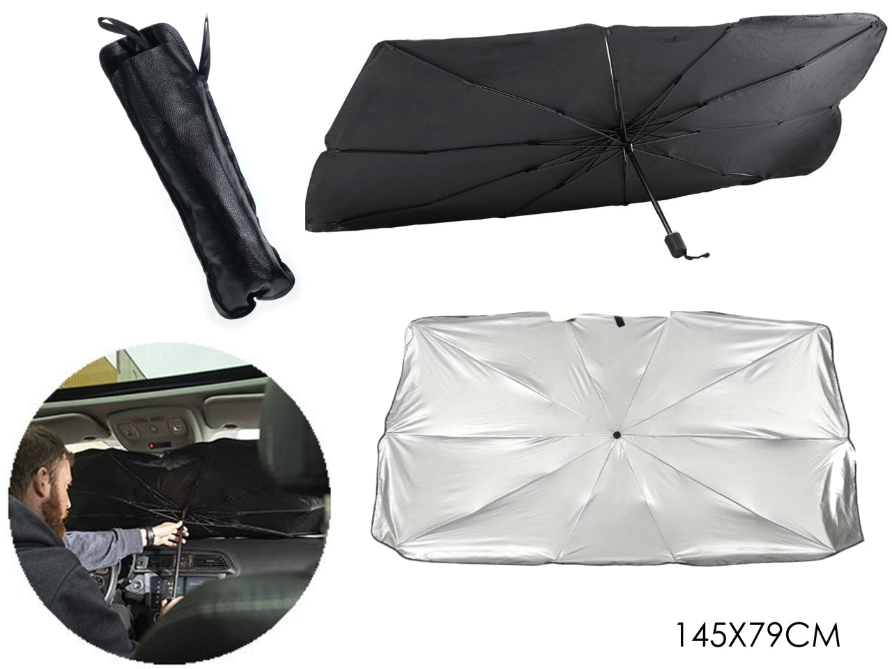 Parasole pieghevole per auto in poliestere e acciaio nero e argentato, ad ombrello, 145x79 cm, include sacca - Autosprint