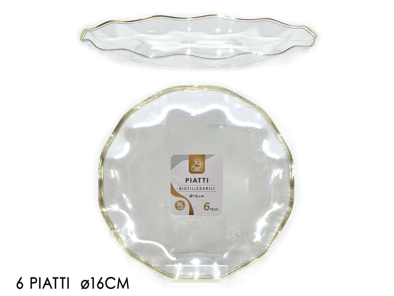 Piatti 16cm in plastica trasparente con bordo oro, confezione da 6 piatti