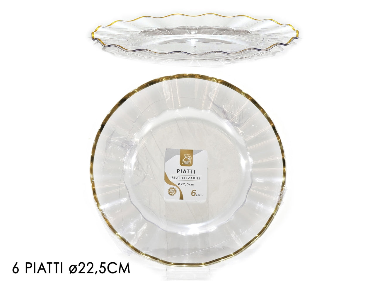 Piatti 22,5cm in plastica trasparente con bordo oro, confezione da 6 piatti