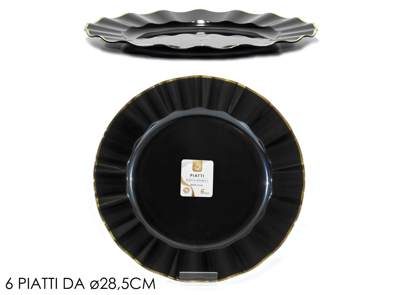 Servizio di piatti d.28,5cm nero con bordo oro set da 6 piatti