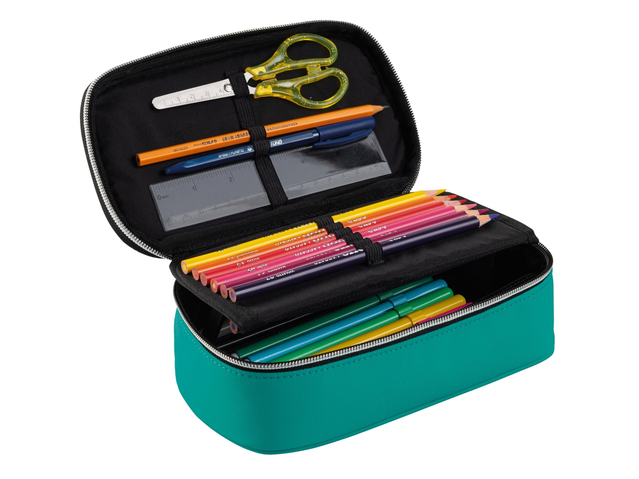 Astuccio portapenne ovale xl con 12 pastelli e 18 pennarelli
