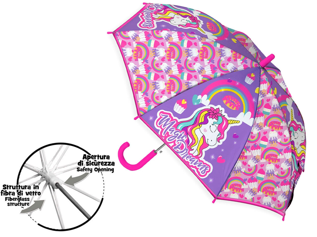 Ombrello da bambina Unicorno in plastica multicolor con 8 bacchette da 42 cm - Coriex