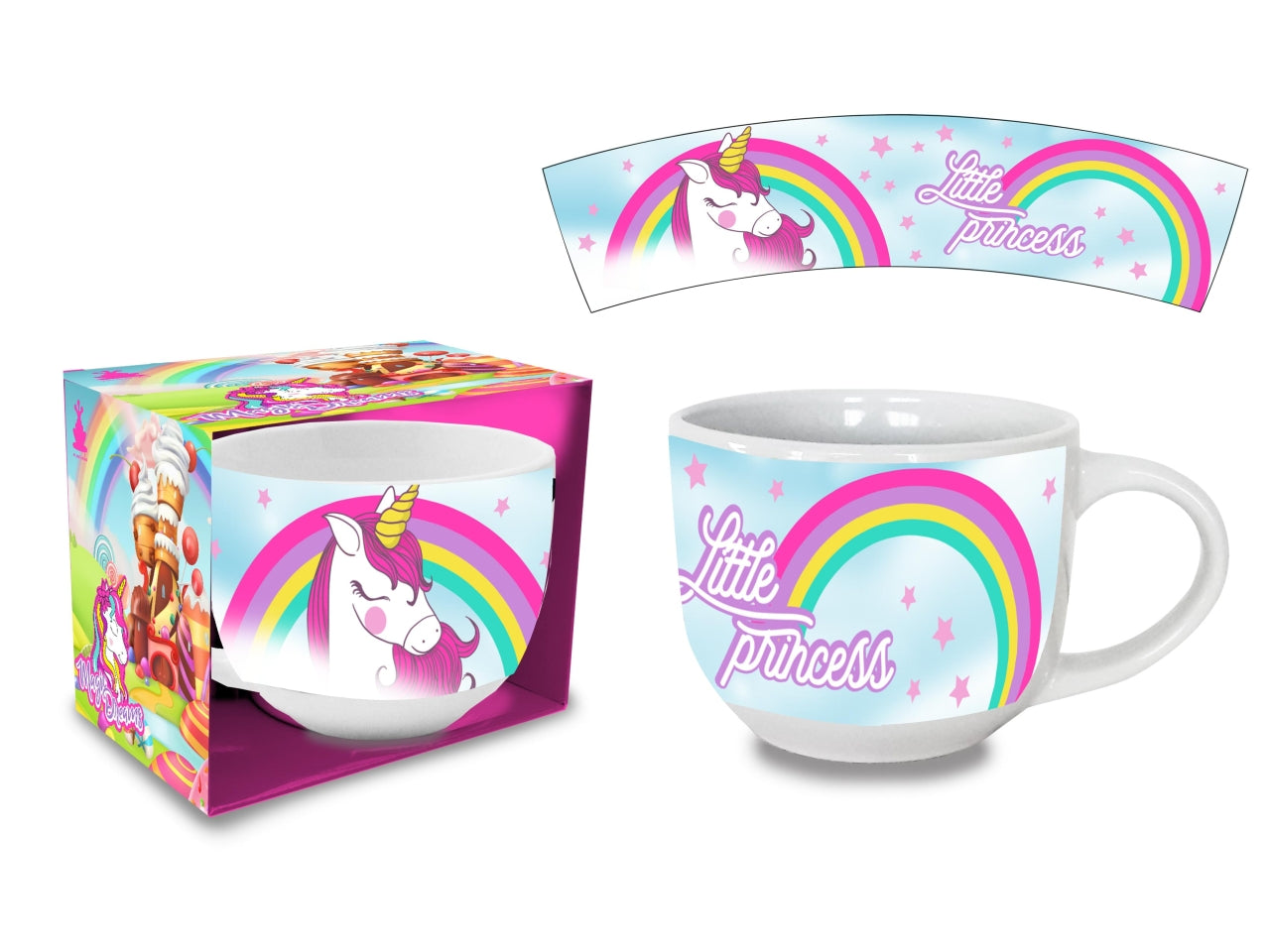 Tazza mug colazione in ceramica multicolor Unicorno per bambina, utilizzabile in microonde e lavabile in lavastoviglie, 380 ml - 10x8 cm- Coriex