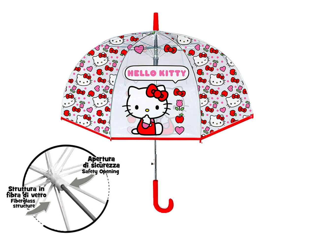Ombrello trasparente Hello Kitty per bambina in pvc e fibra di vetro rosso e rosa 60 cm - Coriex