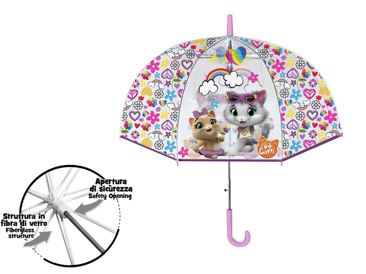 Ombrello trasparente 44 Gatti per bambina in pvc e fibra di vetro multicolor 60 cm - Coriex