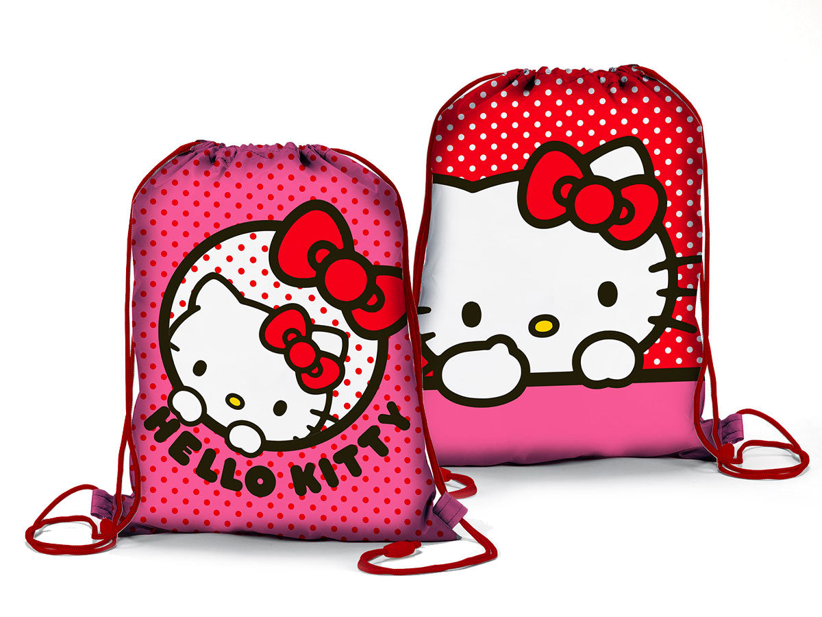 Hello Kitty zaino sacca per bambina con manici e coulisse fucsia e rosso in poliestere 33x45x5 cm - Coriex