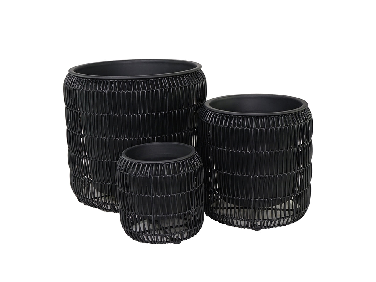 Set da 3 - Cachepot vaso porta piante da terra moderno in plastica nero, forma cilindrica, uso interno/esterno - PlÃ thea