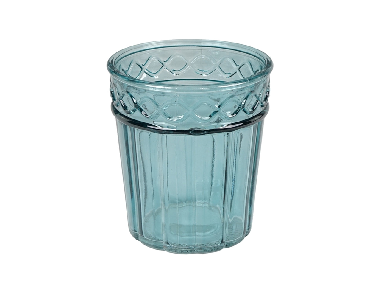 Vaso cachepot moderno in vetro blu traslucido cilindrico con decorazione a rilievo - 13x15 cm - PlÃ thea