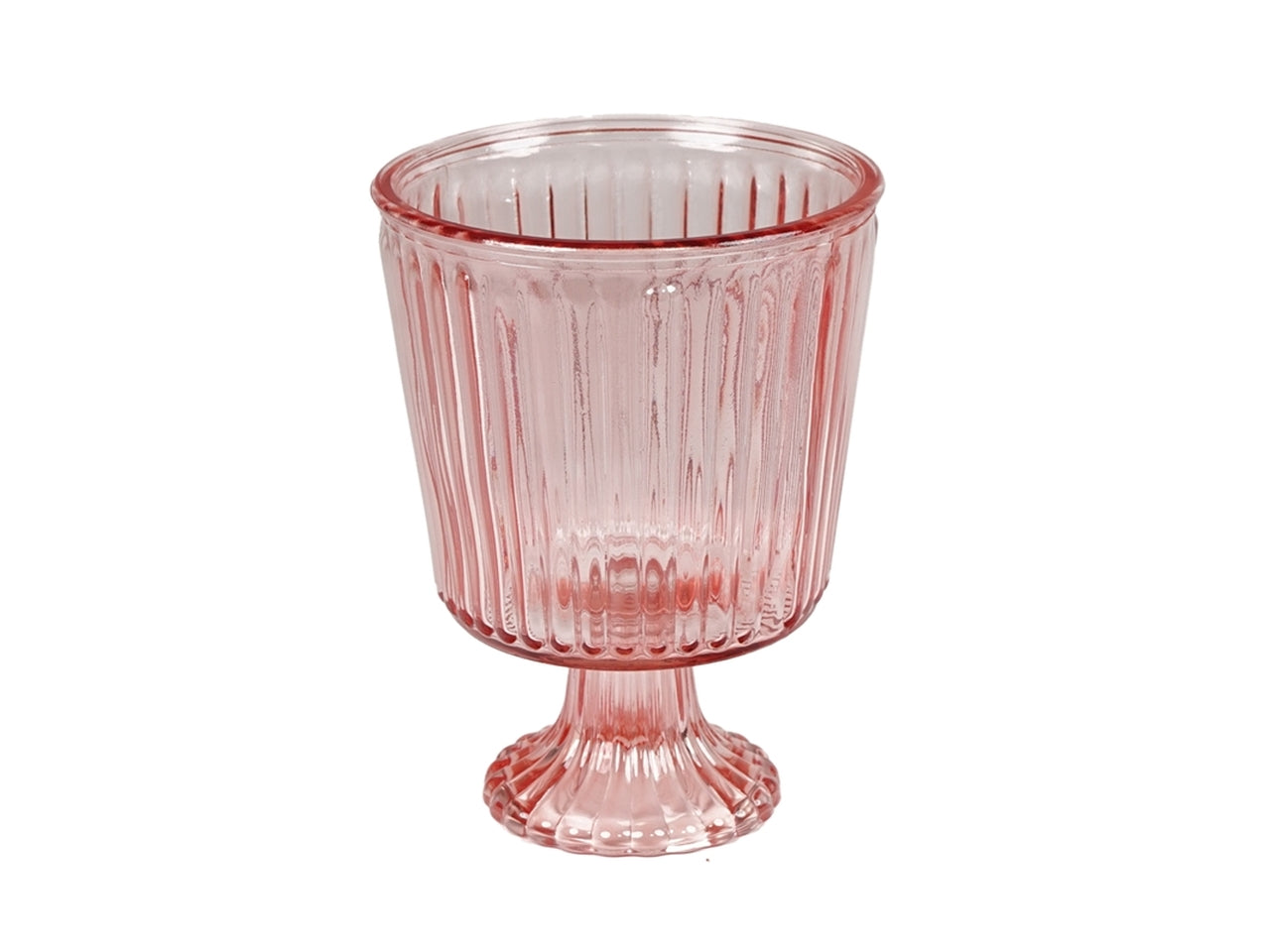 Centrotavola moderno cilindrico con piedistallo in vetro rosa traslucido con decoro a rilievo - 18x13 cm - PlÃ thea