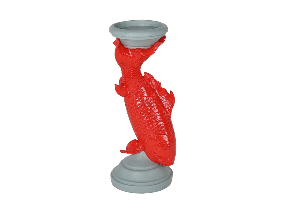 Porta candele moderno stile orientale in resina, carta da zucchero e rosso - fusto a forma di carpa koi rossa - h.30cm d.11cm - PlÃ thea