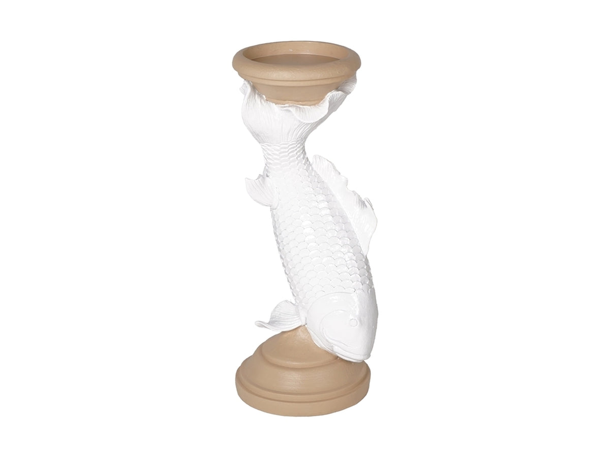 Porta candele orientale in resina color crema e bianco con fusto a forma di carpa - altezza 30 cm, diametro 11 cm - PlÃ thea