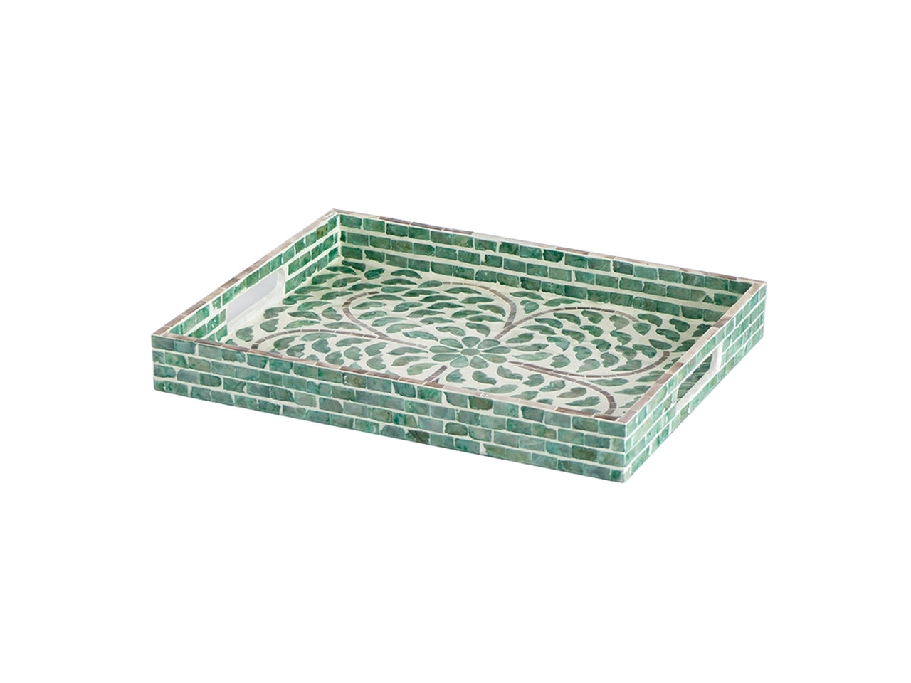 Vassoio decorativo effetto mosaico madreperla, in mdf e conchiglie stile etnico, verde e avorio - 38x30x4,5cm - PlÃ thea