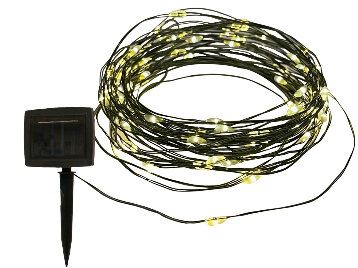 Catena luminosa miniled bianco caldo con pannello solare su filo di rame verde modellabile, 20 m - Giocoplast