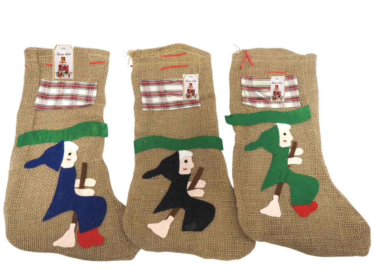 Calza in juta con befana misura h.42,5x24cm in 3 assortimenti