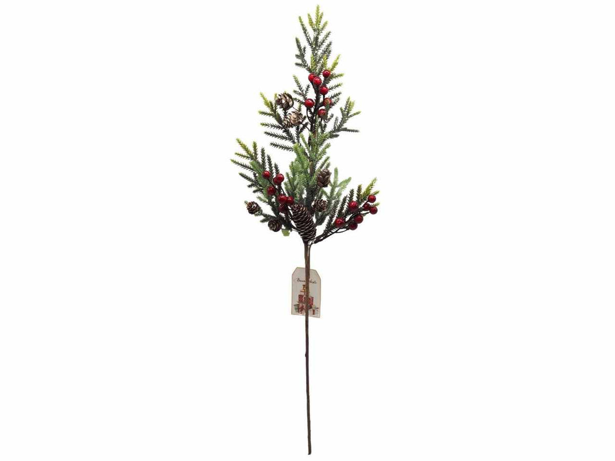 Ramo aghi pino 65cm con bacche piccole rosse e pigne