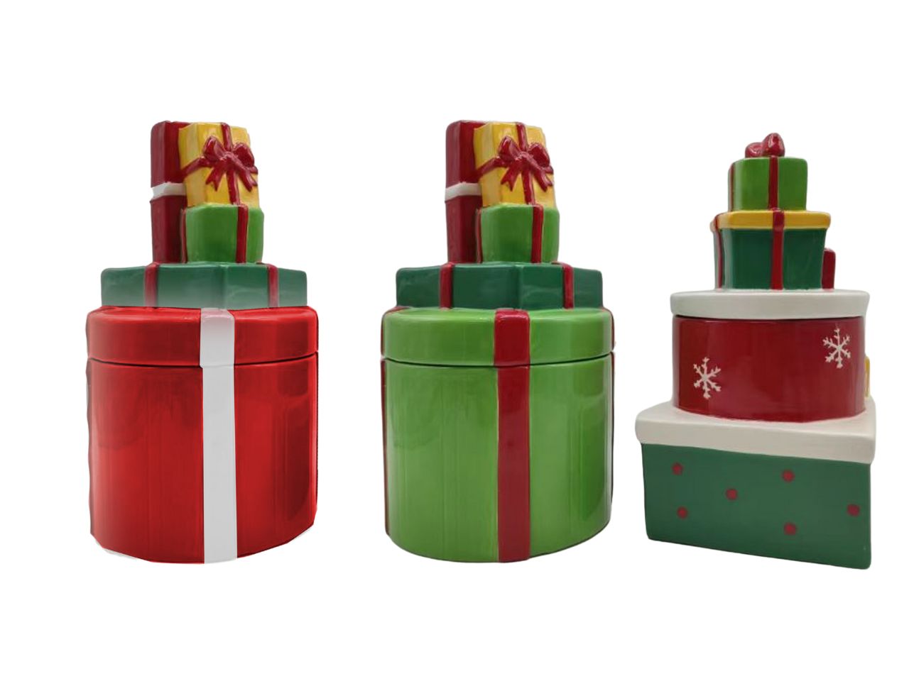 Biscottiera a forma di pacchi di natale misura h.23,5-24,7-d.12,6-13,6cm in 3 assortimenti
