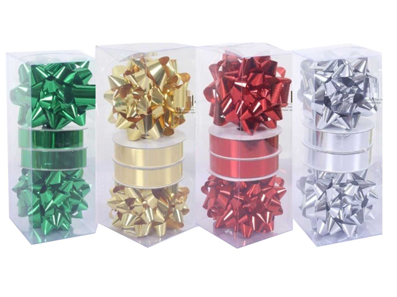 Nastro regalo lucido rosso, dorato, verde e argento con 4 coccarde, set da 2 nastri 1,8 cm x 3 m - Creare Italia