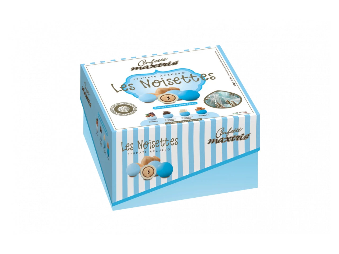 Confetti Maxtris Dolce Arrivo Sfumati Celesti al gusto di caramello, cioccolato bianco, cioccolato al latte e gianduia per bomboniere da nascita e battesimo bimbo - Les Noisettes - 500gr