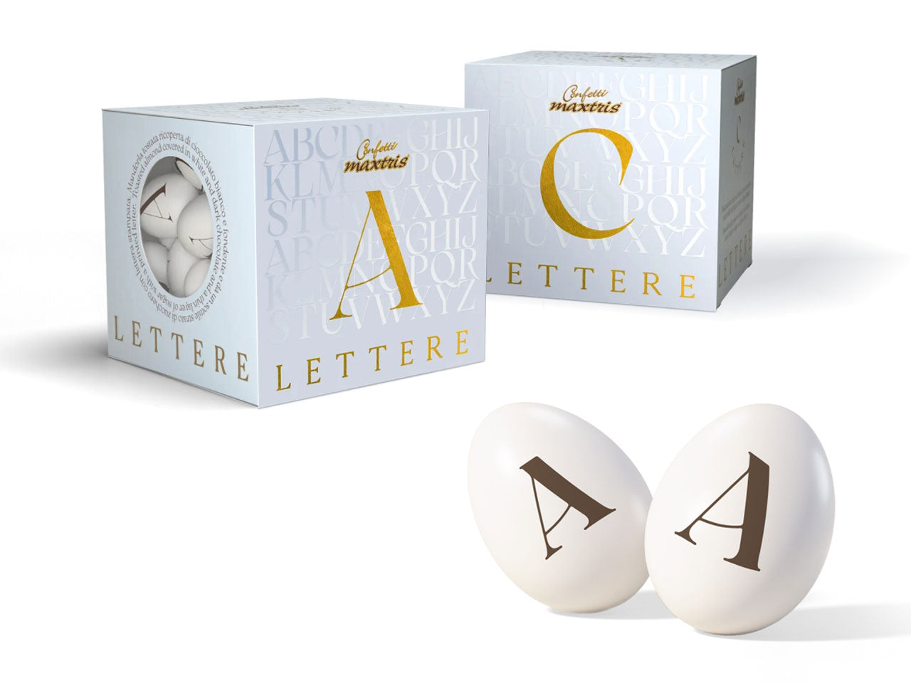 Confetti Lettere cioccomandorla bianchi, lettera A, scatola da 200g - Maxtris