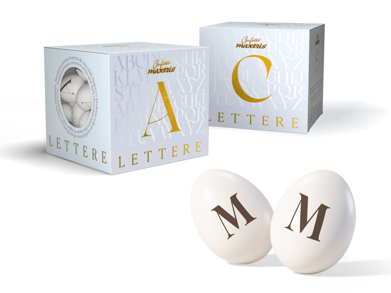 Confetti Lettere cioccomandorla bianchi, lettera M, scatola da 200g - Maxtris