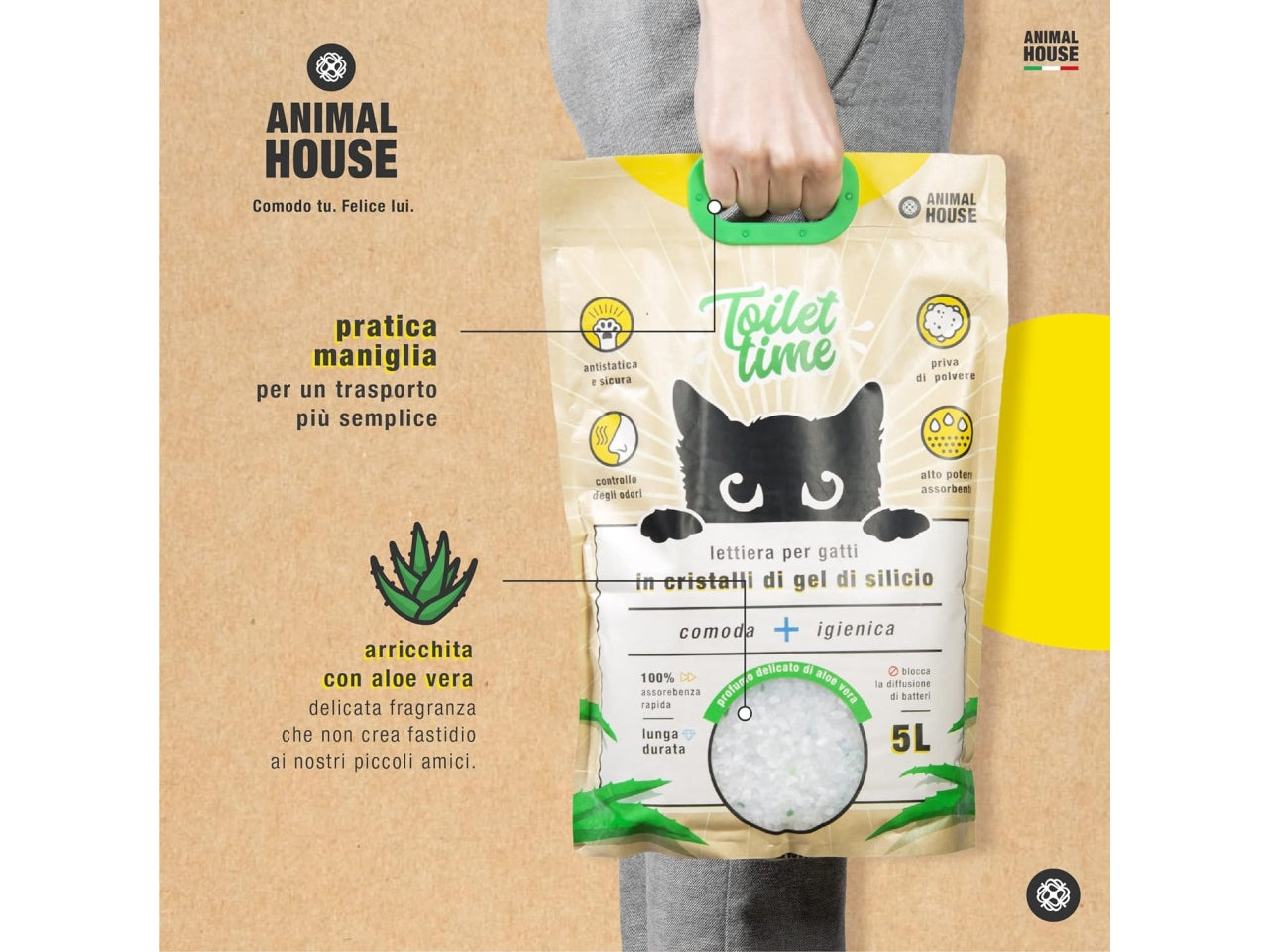 Lettiera toilet time in cristalli di silicio per gatti 5l antistatica all'aloe vera