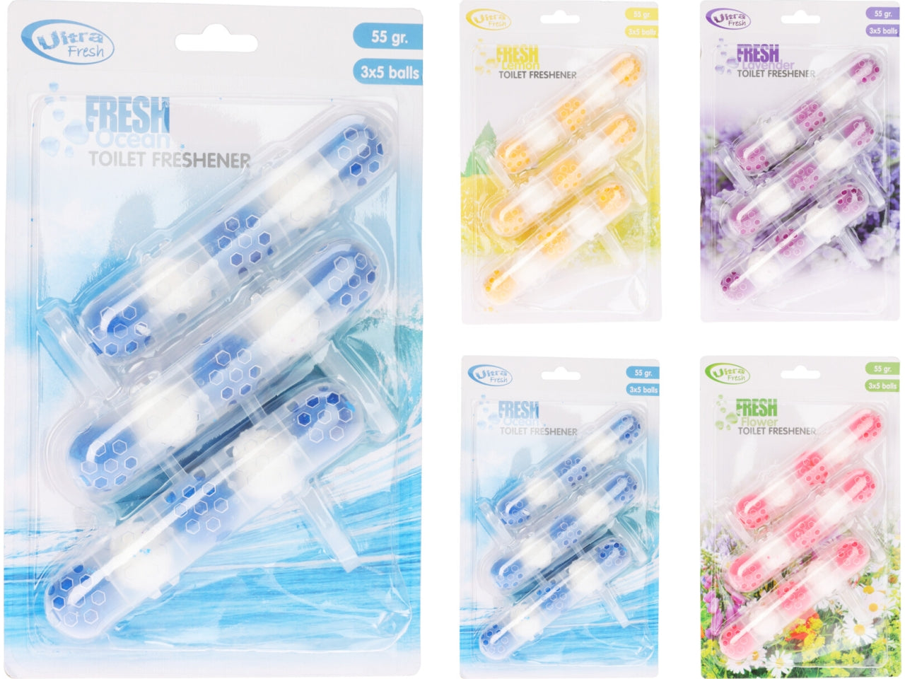 Set 3 profumatori per wc 55gr in colori assortiti