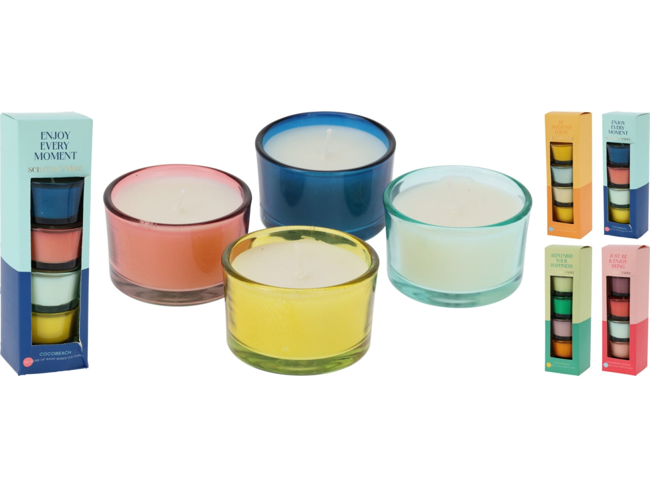 Set 4 vaso con candela in vetro 5x3cm - colori assortiti