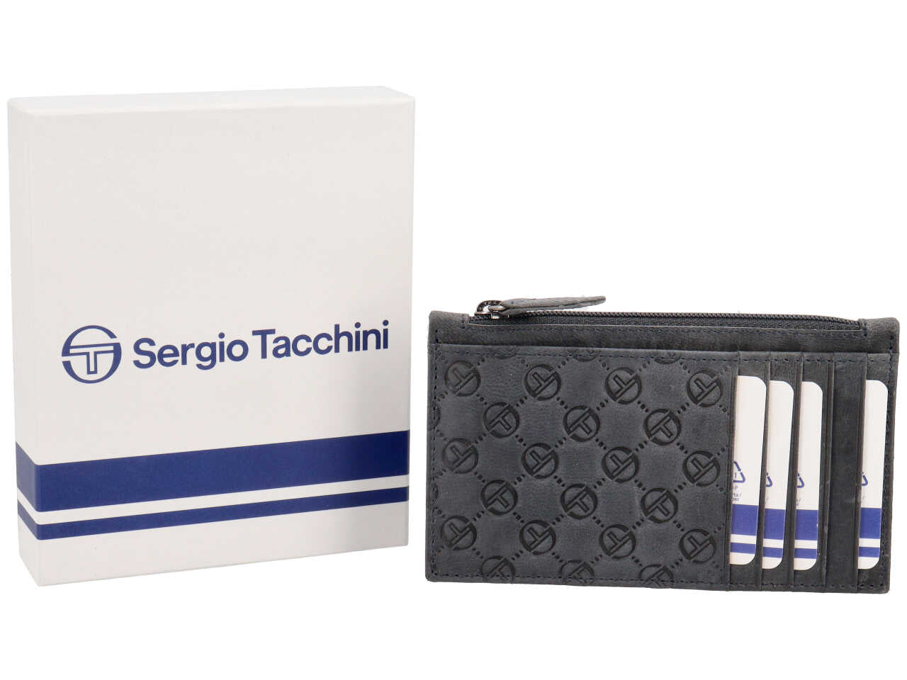 Portacarte da uomo in pelle blu scuro con logo a rilievo, 8x13 cm - Sergio Tacchini