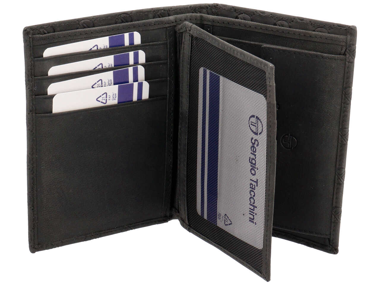 Portafoglio da uomo in pelle nero con logo, chiusura a libro, 12,5x9,5 cm - Sergio Tacchini