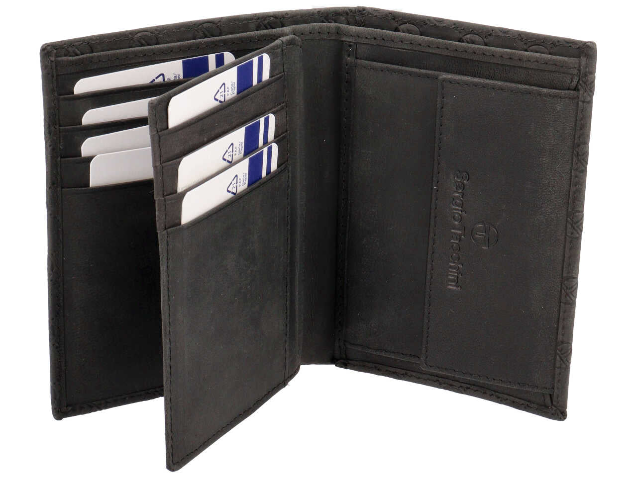 Portafoglio da uomo in pelle nero con logo, chiusura a libro, 12,5x9,5 cm - Sergio Tacchini