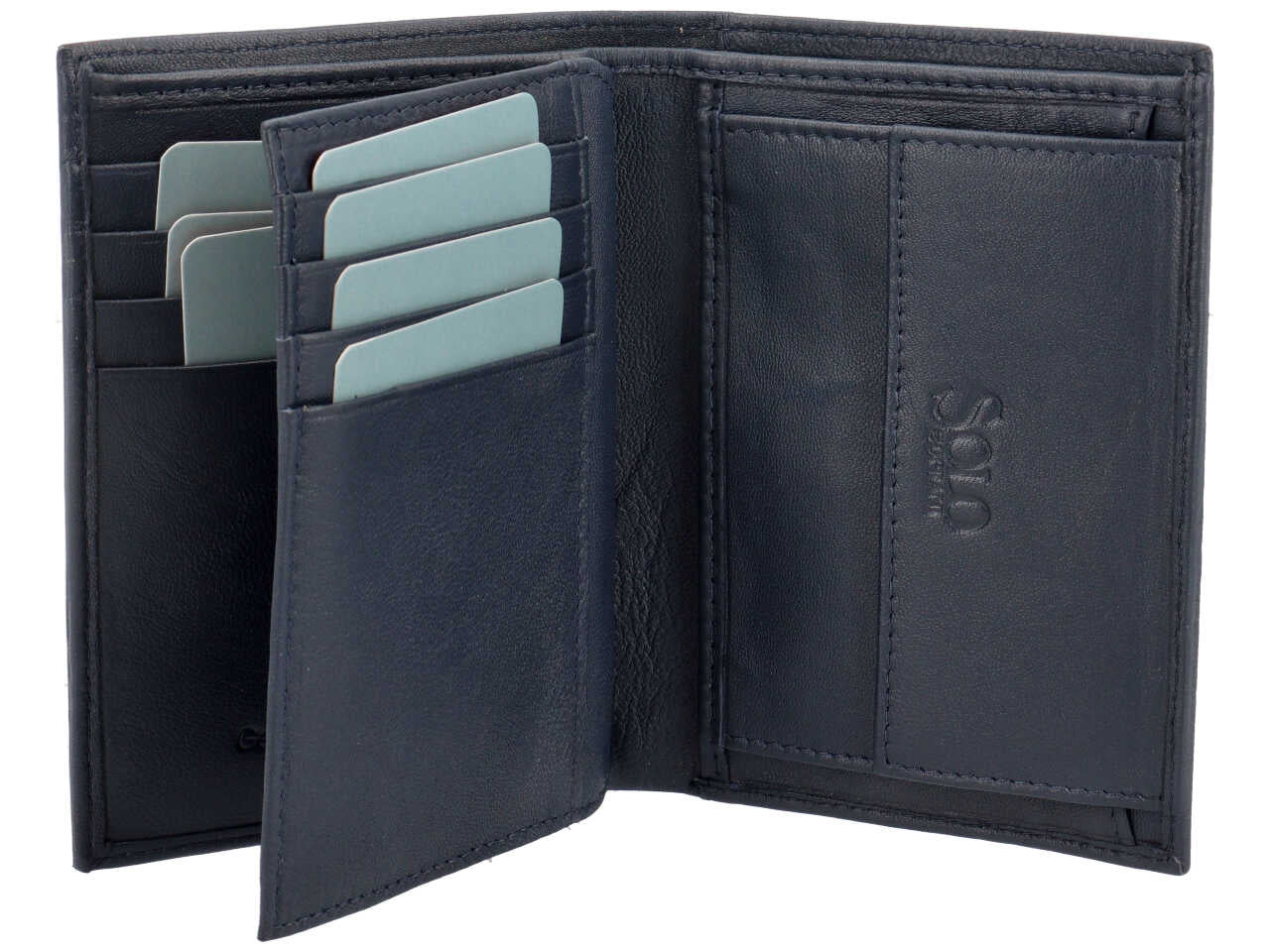 Portafogli da uomo in pelle blu, chiusura a libro e portamonete, 13x9 cm - Solo Soprani