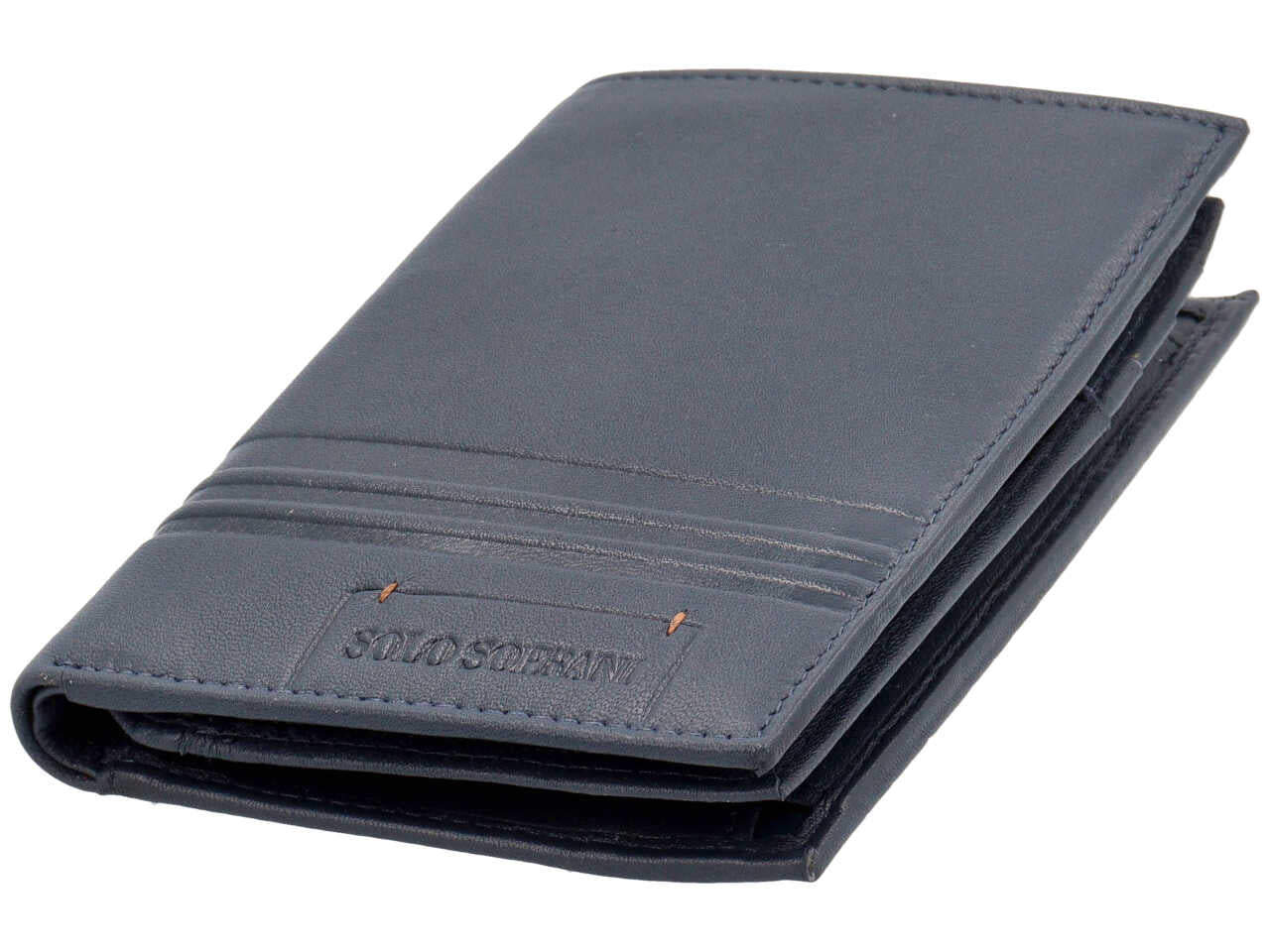 Portafogli da uomo in pelle blu, chiusura a libro e portamonete, 13x9 cm - Solo Soprani