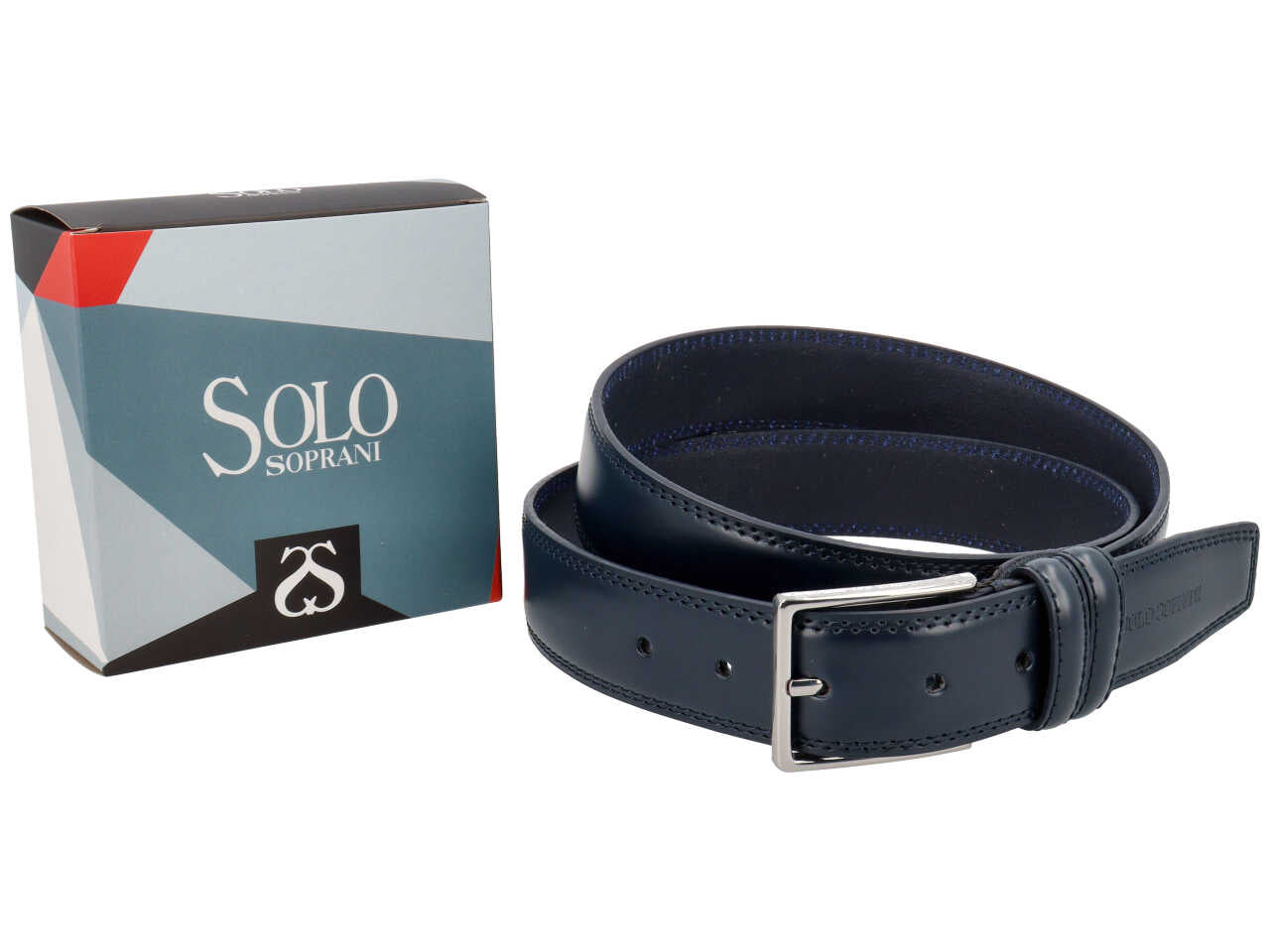 Cintura da uomo blu scuro in pelle liscia con fibbia di metallo argento, larghezza 3,5 cm in taglie assortite dalla 115 alla 130 cm - Solo Soprani