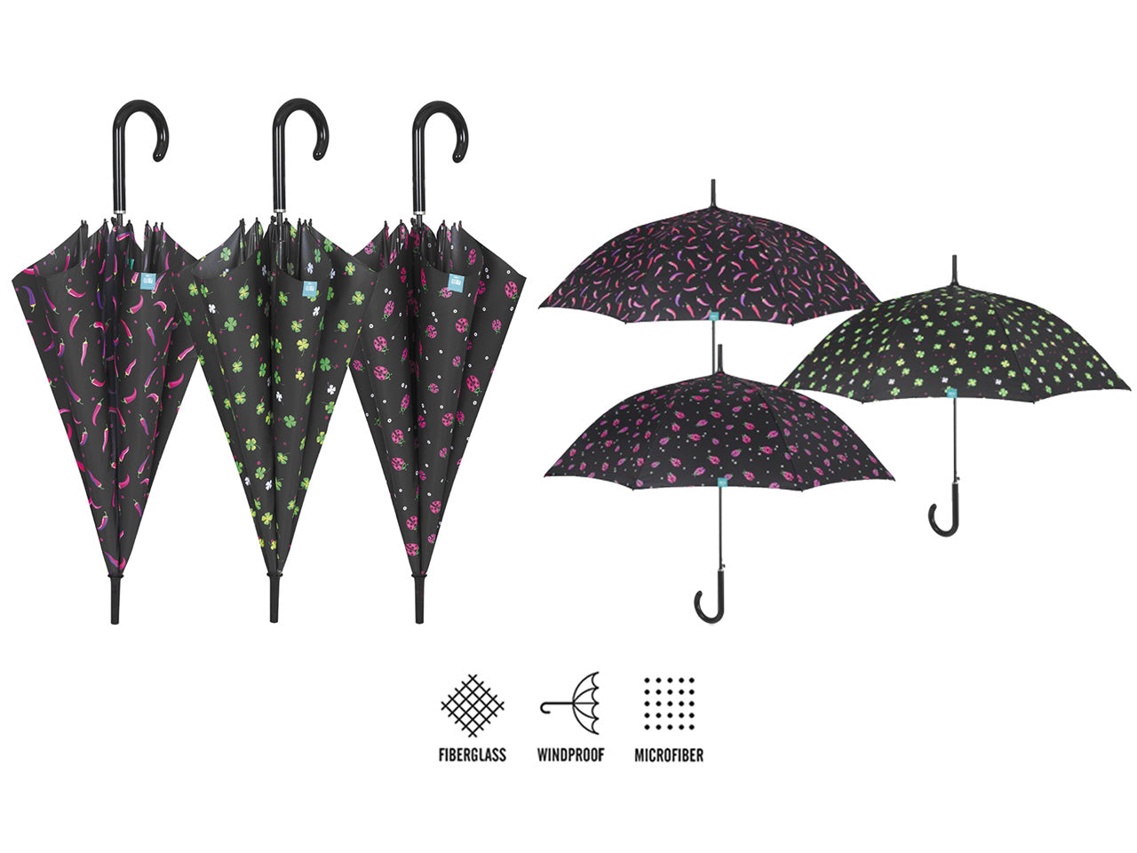 Ombrello da donna con apertura automatica 61/8 fantasia coccinelle quadrifogli e peperoncini