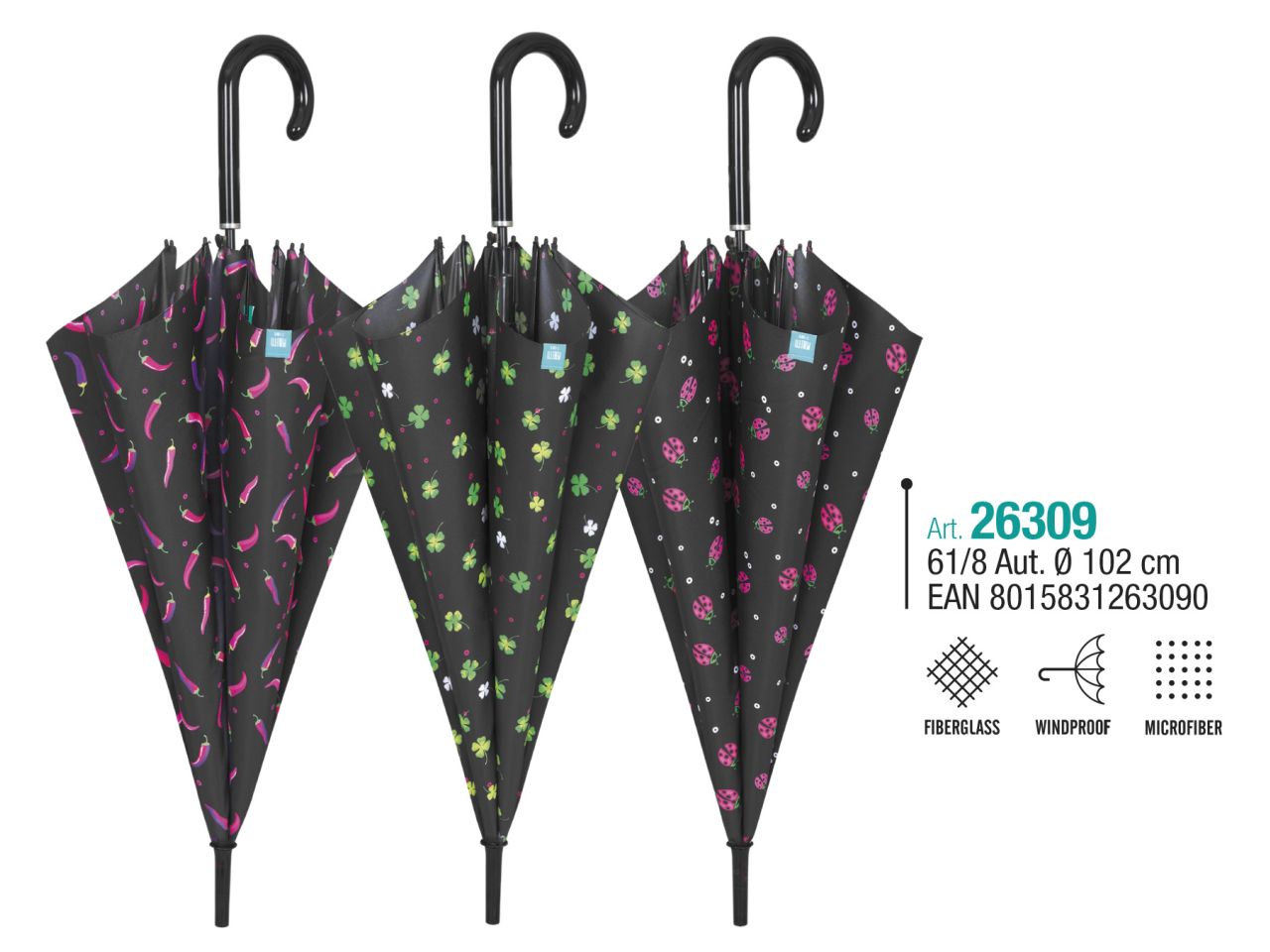 Ombrello da donna con apertura automatica 61/8 fantasia coccinelle quadrifogli e peperoncini