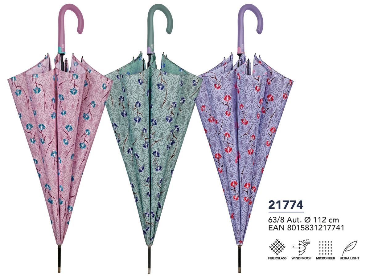 Ombrello XL da donna con apertura automatica floreale in 3 colori assortiti - Perletti $