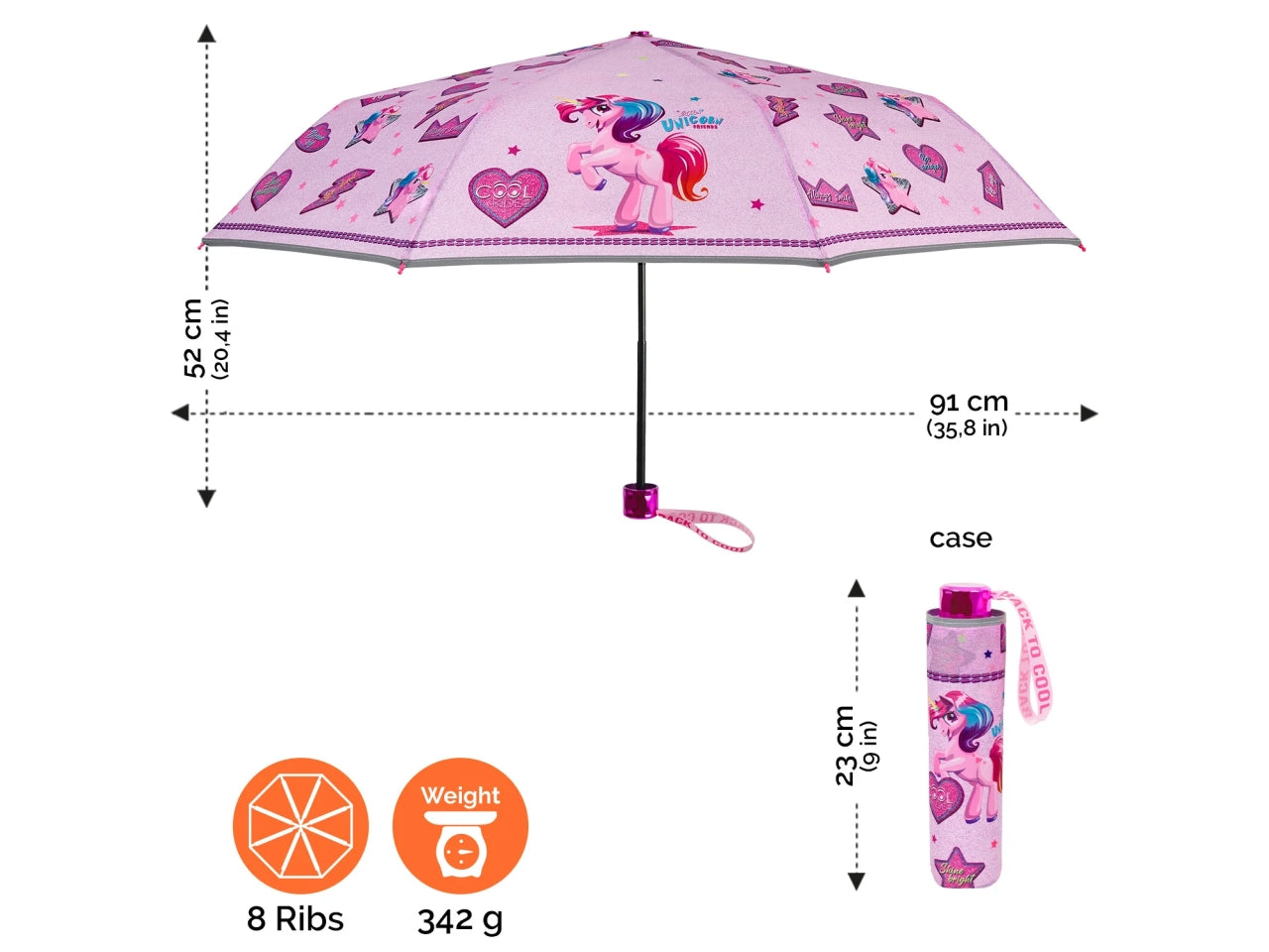 Ombrello tascabile da bambina con unicorni rosa, apertura manuale  - Perletti