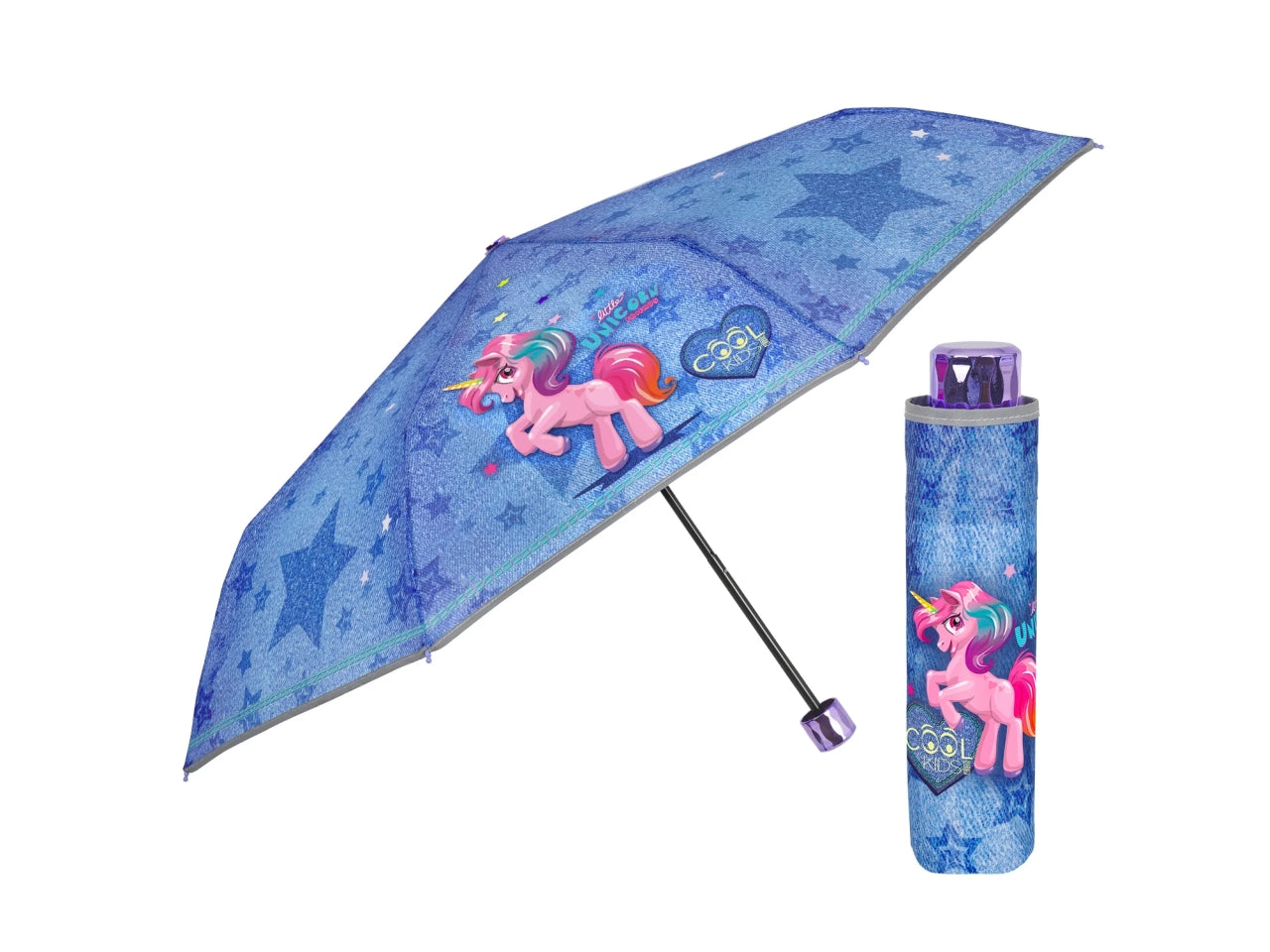 Ombrello tascabile da bambina con unicorni blu jeans, apertura manuale  - Perletti